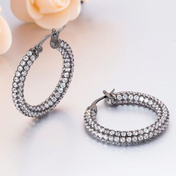 14k White Gold Huggie Earrings: Black & White Diamond Hoops  14K Black Gold Sterling Silver with White Diamond Cubic Zirconia Hoop Earrings